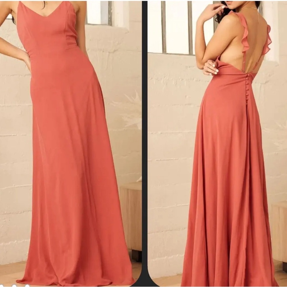 LULUS Size S Meteoric Rise Rusty Rose Maxi Dress**Ruffle Straps**Stylish**NWOT*